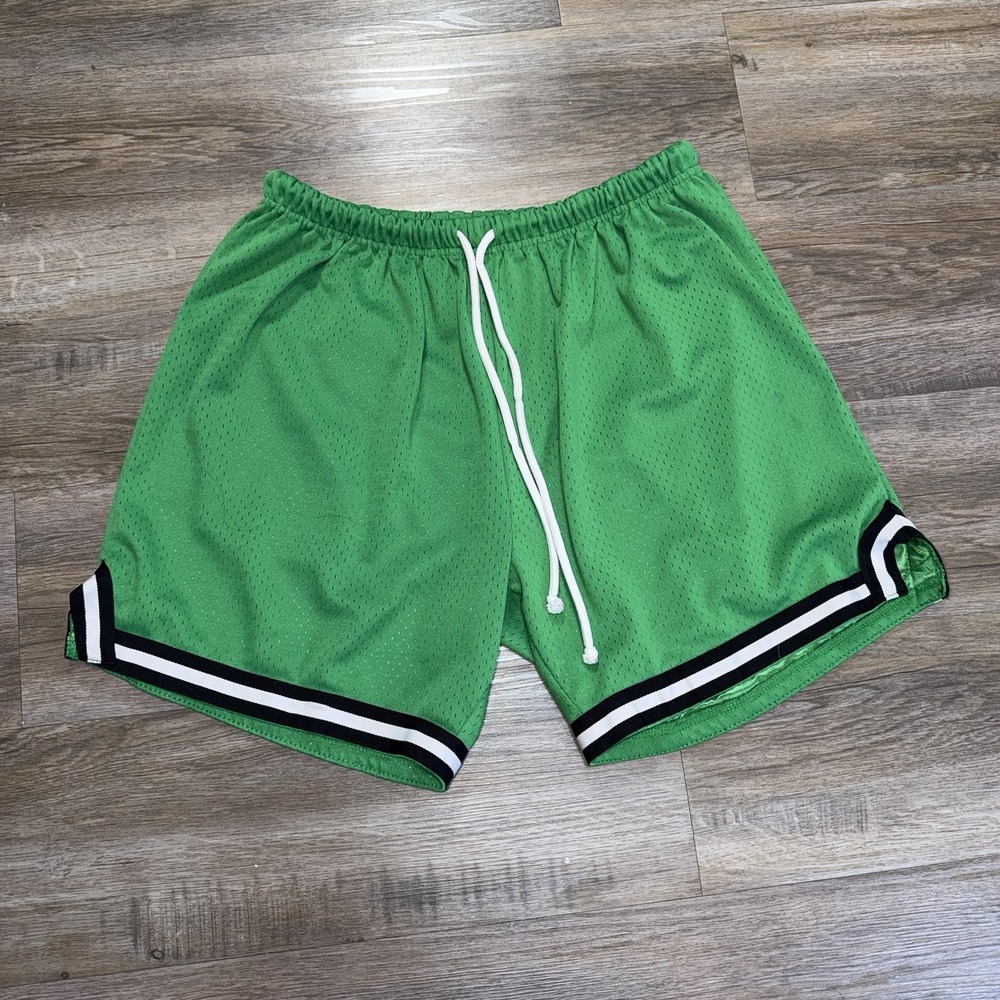 Vibrant Green Mesh Basketball Shorts Mens L Black White Striped Hems Drawstring